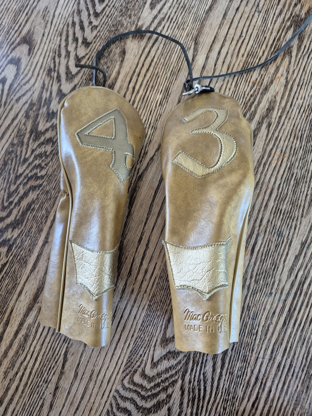 Vintage Macgregor Tan Leather Golf Club Headcovers with Gold Appliqué (3 & 4)